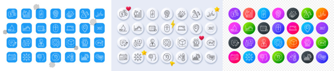 Message, Survey and Calendar graph line icons. Square, Gradient, Pin 3d buttons. AI, QA and map pin icons. Pack of 360 degrees, Waterproof, Candlestick graph icon. Vector