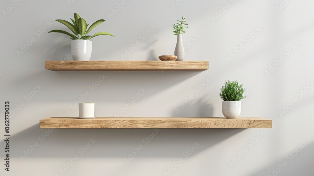 Poster minimalist wall-mounted shelves set against a plain background, showcasing functional and stylish st