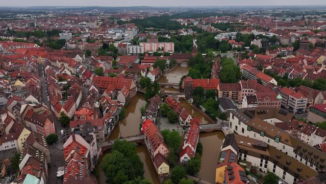 Aerial view of the Bavarian town of Nuremberg in Germany. The historical center of the city, the view from the throne. Bavaria from above, Germany, Europe