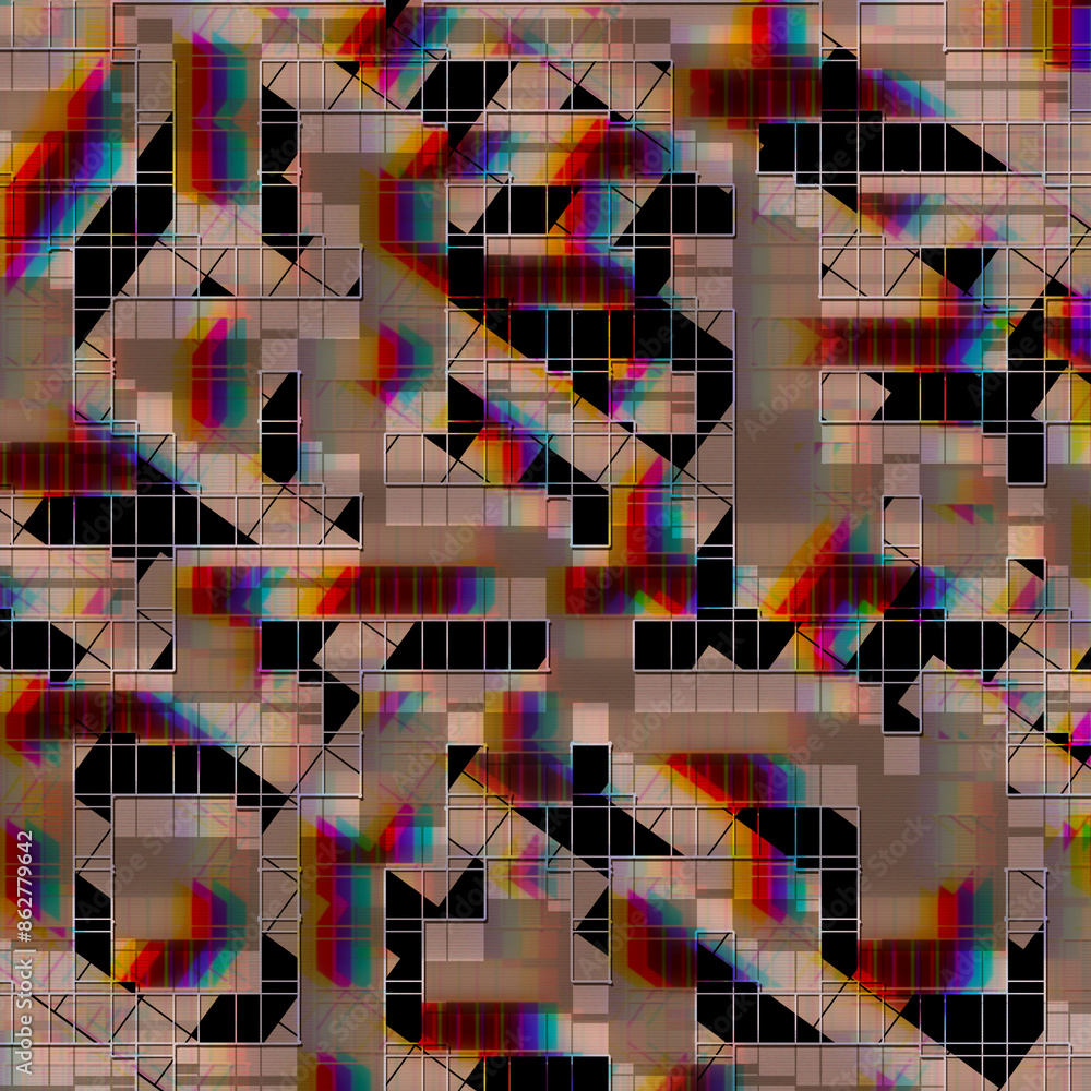 Poster abstract art tile pattern with glitch distortion and hologram effect