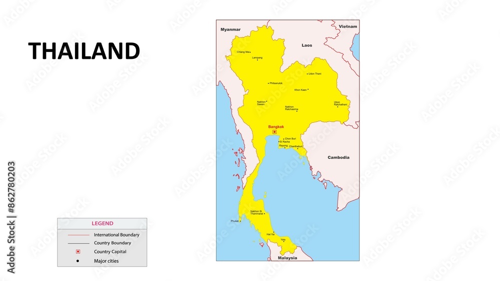 Canvas Prints thailand map. major cities in thailand. political map of thailand with border and neighbouring count