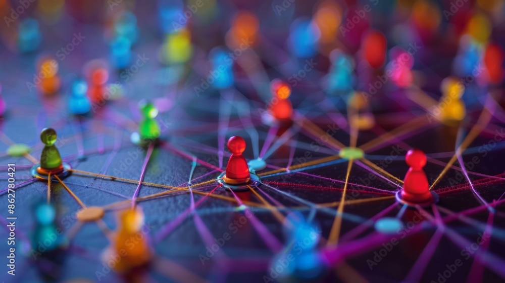 Poster colorful pawns connected by string to symbolize networking and interaction among people