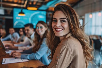 Fototapeta premium Diverse business individuals gather for a team meeting in a contemporary office space, highlighting happiness and unity as they embody the spirit of teamwork and cooperation.
