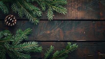 Natural wooden background adorned with pine branches and cones, creating a rustic and festive setting, ideal for holiday or nature themes.