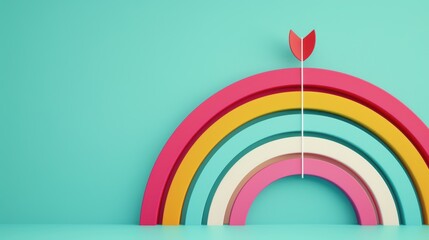 Fototapeta premium An abstract representation of a rainbow intersecting with a target symbol, creating a visually striking and symbolic image. The minimalist design offers plenty of copy space for adding text or