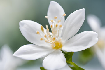 Close-Up of a Delicate White Flower Jasmine, Close-up of a delicate Jasmine with soft petals and yellow stamens on a light green background