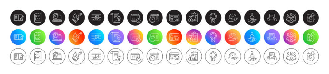 Brush, Approved agreement and Safe time line icons. Round icon gradient buttons. Pack of Report document, Painting brush, Reward icon. Recruitment, Feedback, Report pictogram. Vector