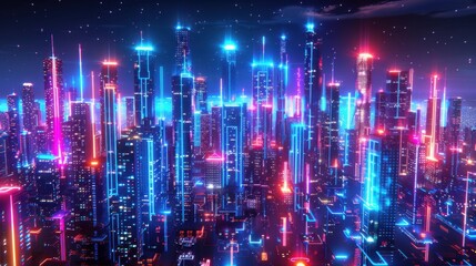 A high-tech cityscape with glowing buildings and neon pathways under a colorful sky, representing a futuristic world.
