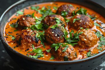 Fototapeta premium Spicy Meatballs in Rich Tomato Sauce - Authentic Flavorful Dish for Culinary Enthusiasts
