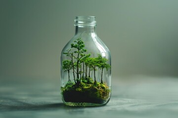 A clear, empty bottle with a tiny forest growing inside.