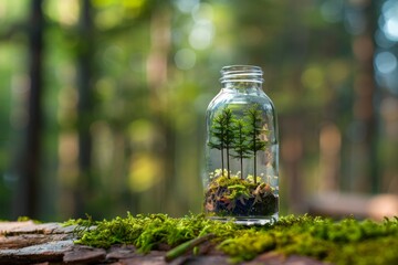 A clear, empty bottle with a tiny forest growing inside.