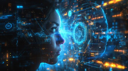 Abstract futuristic portrait of a woman with glowing digital elements.