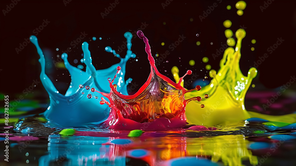 Poster a splash of paint with three different colors, one of which is red. the splash is in the middle of t