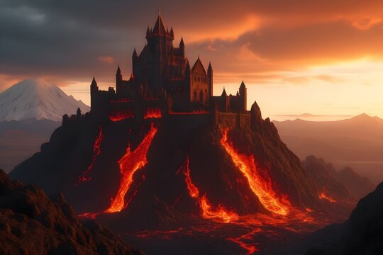Majestic castle on volcanic mountain, lava cascading down slopes. 