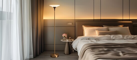Elegant bronze floor lamp in a minimalist bedroom, stylish decor, contemporary design, chic interior, modern elements, cozy home, warm lighting, sophisticated ambiance.