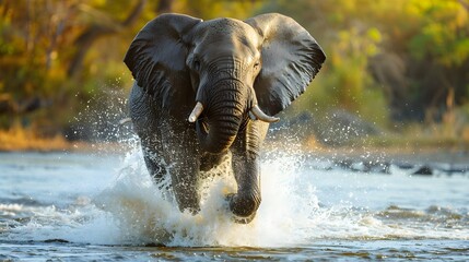 African elephant running through the water in a river in africa during a safari