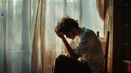 A worried man sits indoors