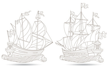 Set of contour illustration in the style of a stained glass window with a sailing ships, isolated on a white background