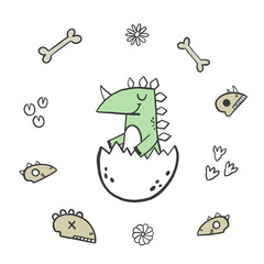 Baby dinosaur in egg. New born dinosaur. Cartoon doodle rex hand drawn illustration on isolated background