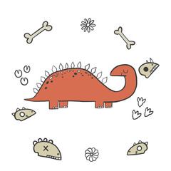 Simple Doodle rex. Hand drawn dinosaur with skulls, bones and footprint. Red dino. Jurassic hand drawn illustration on isolated  background