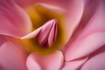 Close-up Abstract of Pink Flower Petals, Soft focus close-up of pink tulip petals with a hint of yellow stamen