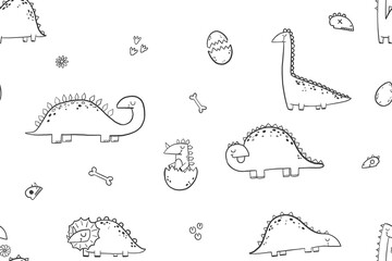 Hand drawn doodle seamless background with doodle dino.  Cartoon funny simple black and white dinosaurs rex. Endless background. Newborn design for textile and nursery