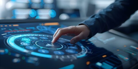 Naklejka premium Holographic digital interface dashboard for monitoring virtual space providing comprehensive data overview. Concept Virtual Monitoring, Data Visualization, Holographic Interface, Dashboard Design