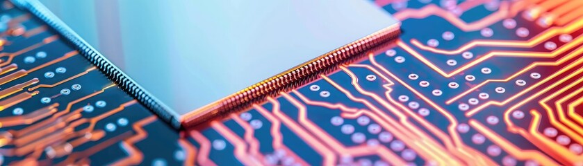 Close-up of a colorful circuit board with intricate connections and components, representing technology and electronics.