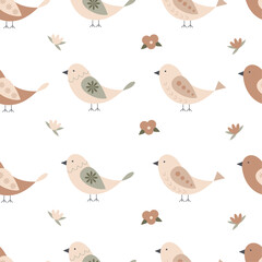 Folk seamless pattern - birds and flowersin scandinavian style, for wrapping, textile, digital or scrapbook paper design