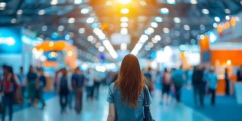 Busy expo hall with attendees at a business conference blurred background. Concept Business Conference, Expo Hall, Blurred Background, Attendees, Busy Environment