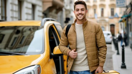 A man in a tan jacket smiles as he stands next to a yellow taxi cab in a city street