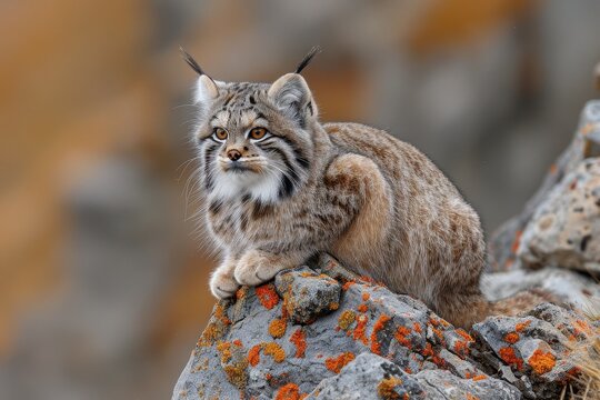 A Pallas's cat sitting on a rocky outcrop in the Central Asian steppes, its thick, fluffy fur and round face with piercing eyes keenly observing its territory. 