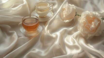 Two fragrances and a teacup on white silk with empty area