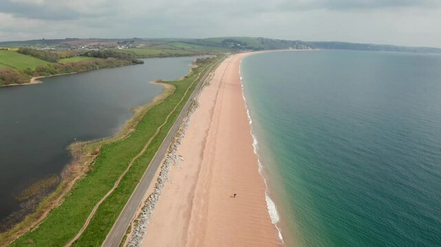Aerial view of Slapton Ley nature reserve, Kingsbridge, Devon, United Kingdom.