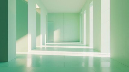 Abstract empty room with high key lighting in a mint green hallway interior