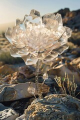 A flower made of crystals blooming in a rocky, arid landscape.