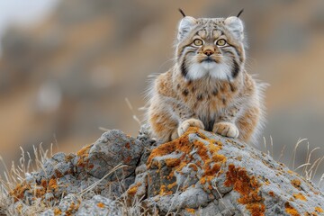 A Pallas's cat sitting on a rocky outcrop in the Central Asian steppes, its thick, fluffy fur and round face with piercing eyes keenly observing its territory. 