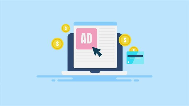Banner ad on website, user clicks business investment cost per click display advertising, PPC campaign conceptual video animation.