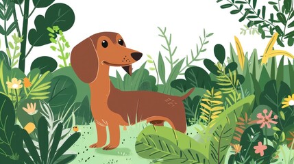 Brown Dachshund with Plants in Park