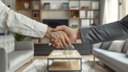A handshake between a manager and a new employee in a stylish, contemporary office room with minimalist decor ,