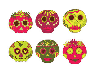 Sugar skulls decorated by design elements and colorful floral ornament. Mexican national holiday Day of the dead. Festive banner templates for Dia de los muertos. Vector illustration