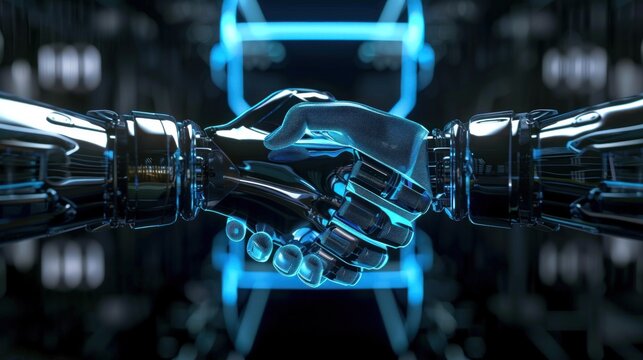 A holographic handshake emerging from virtual reality headsets, with a clean and modern background providing space for promotional messages or branding ,