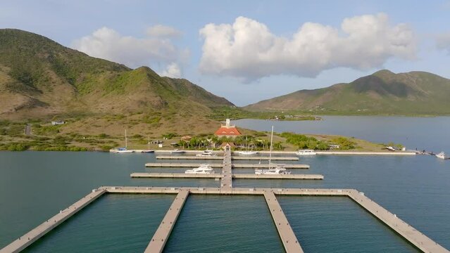Aerial view of Christophe Harbour Marina, Ballast Bay, Caribbean, St Kitts and Nevis.