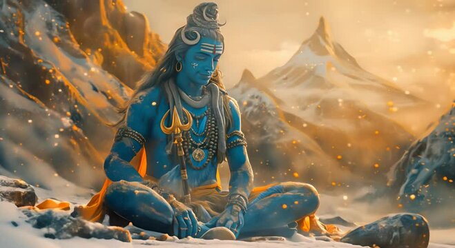 Lord Shiva with a blue body, majestic and cinematic, sitting on the Himalayas with snowfall, golden light, and a three-spoked golden trident with a damru. Radiating golden aura