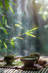 Japanese matcha green tea is served in a serene ceremony on a traditional mat, with sunlight casting a warm glow.