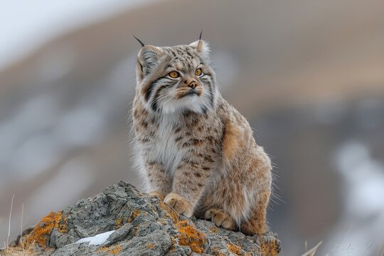 A Pallas's cat sitting on a rocky outcrop in the Central Asian steppes, its thick, fluffy fur and round face with piercing eyes keenly observing its territory. 