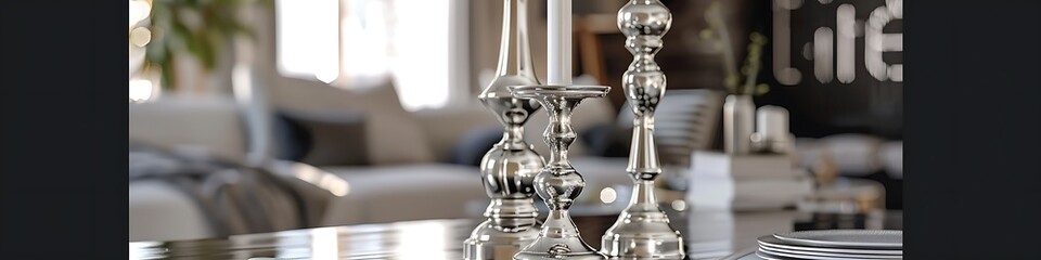 Elegant silver candlesticks on a minimalist dining table, sleek design, contemporary decor, stylish home, modern interior, cozy ambiance, chic elements, sophisticated look.