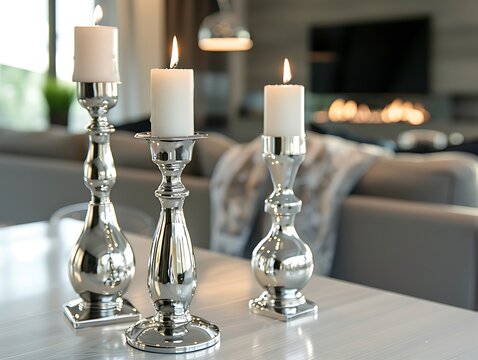 Elegant silver candlesticks on a minimalist dining table, sleek design, contemporary decor, stylish home, modern interior, cozy ambiance, chic elements, sophisticated look.