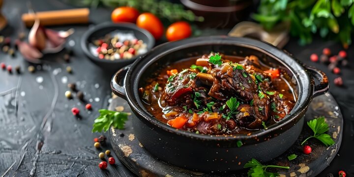 Italian oxtail stew a classic dish known as coda alla vaccinara. Concept Italian cuisine, Oxtail stew, Coda alla vaccinara, Traditional recipe, Slow-cooked dish