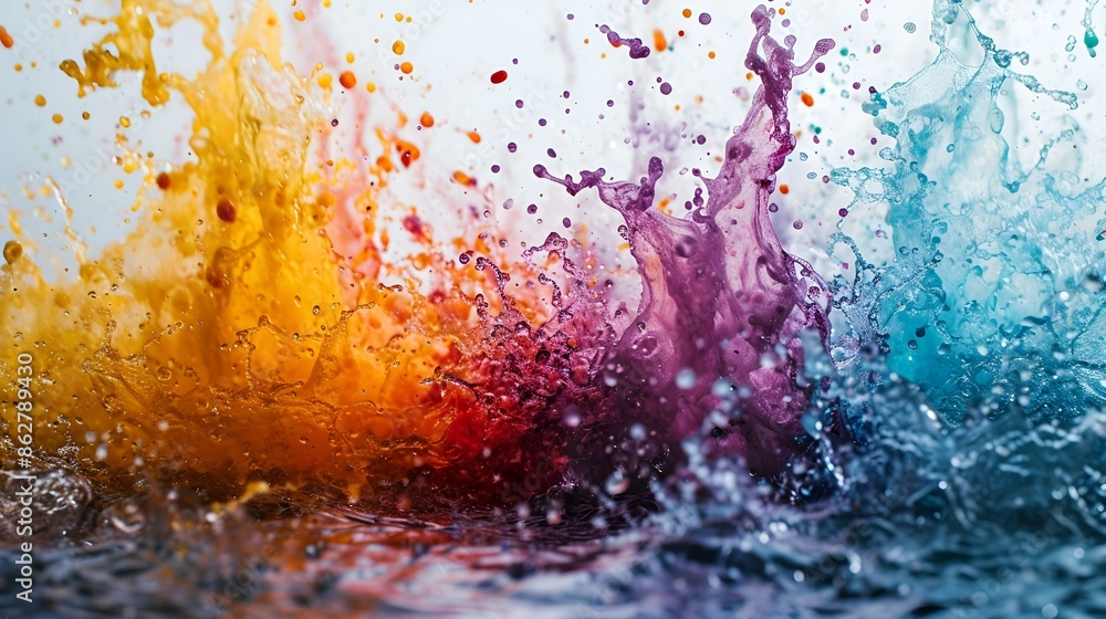 Poster vivid water splash with various colors, frozen in time, creating a mesmerizing and dynamic visual ef